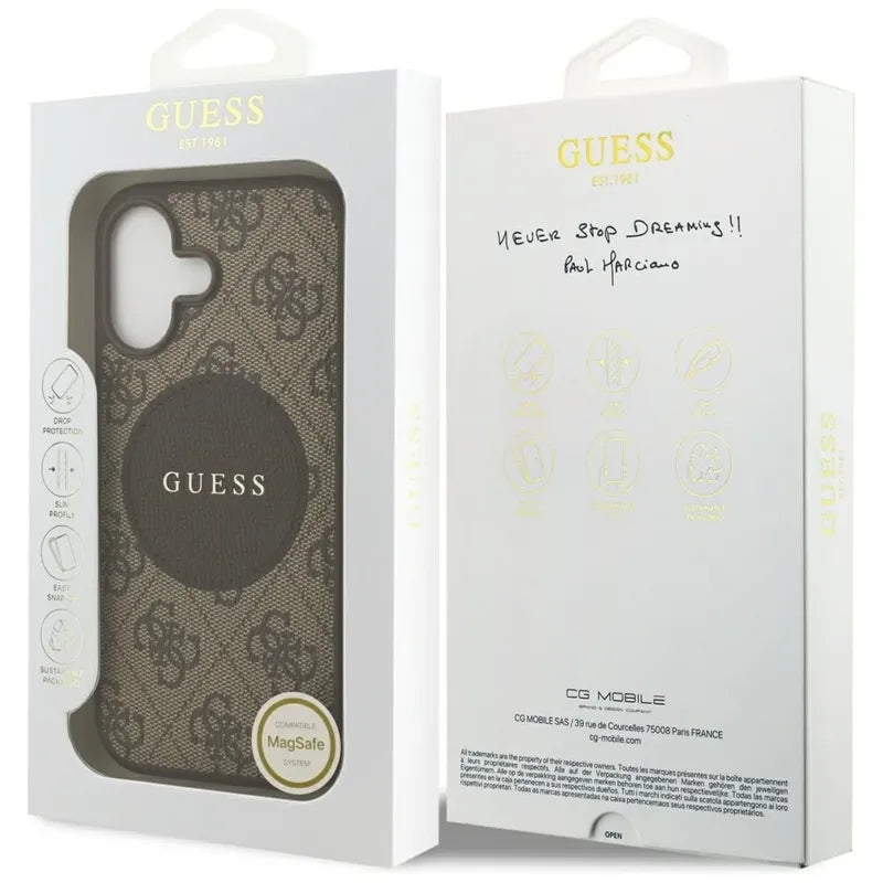 Guess 4G Circle Classic Logo MagSafe – dėklas iPhone 17 (rudas)