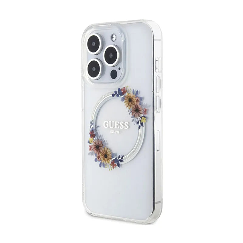 Guess IML Flowers Wreath MagSafe – dėklas iPhone 15 Pro (skaidrus)