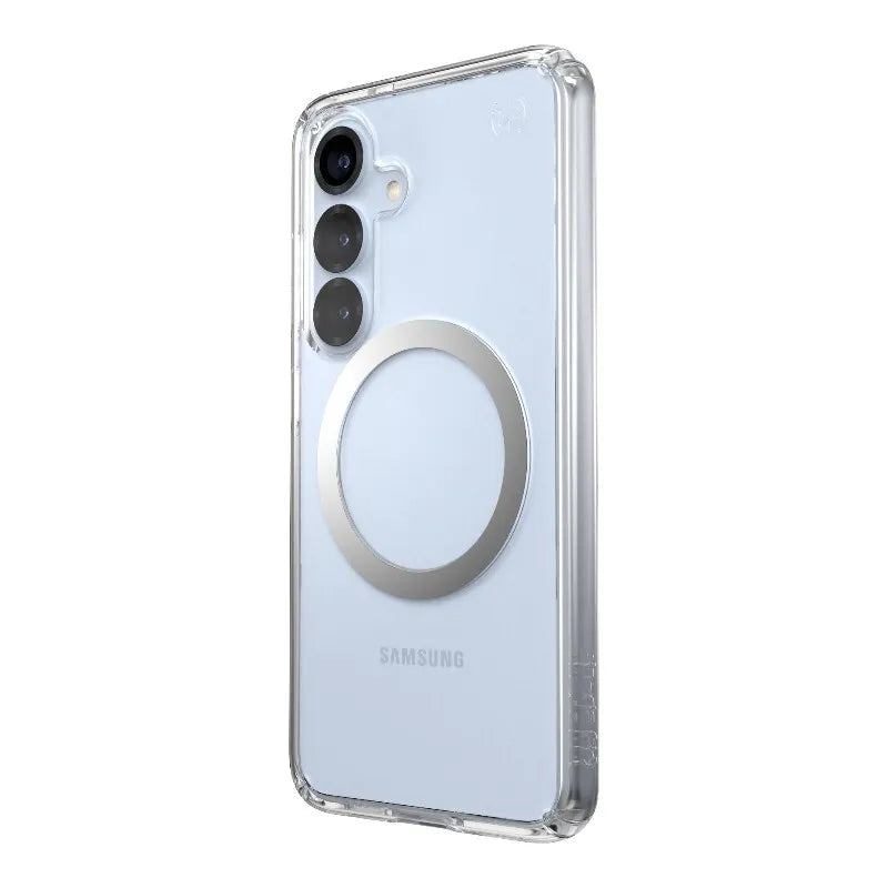 Speck Presidio Perfect-Clear Magnet – dėklas Samsung Galaxy S25 / S24 MagSafe (Skaidrus / Chromuotas paviršius / Serene Silver)