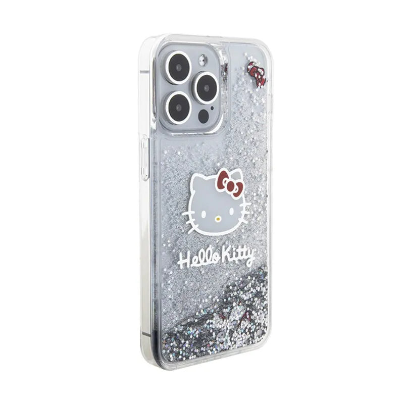 Hello Kitty Liquid Glitter Charms Kitty Head dėklas, skirtas iPhone 15 Pro Max (sidabrinis)