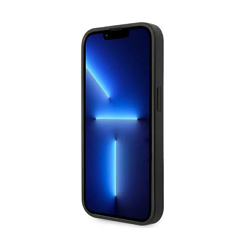Guess Saffiano Metal Logo Stripes – dėklas iPhone 14 Pro (juodas)