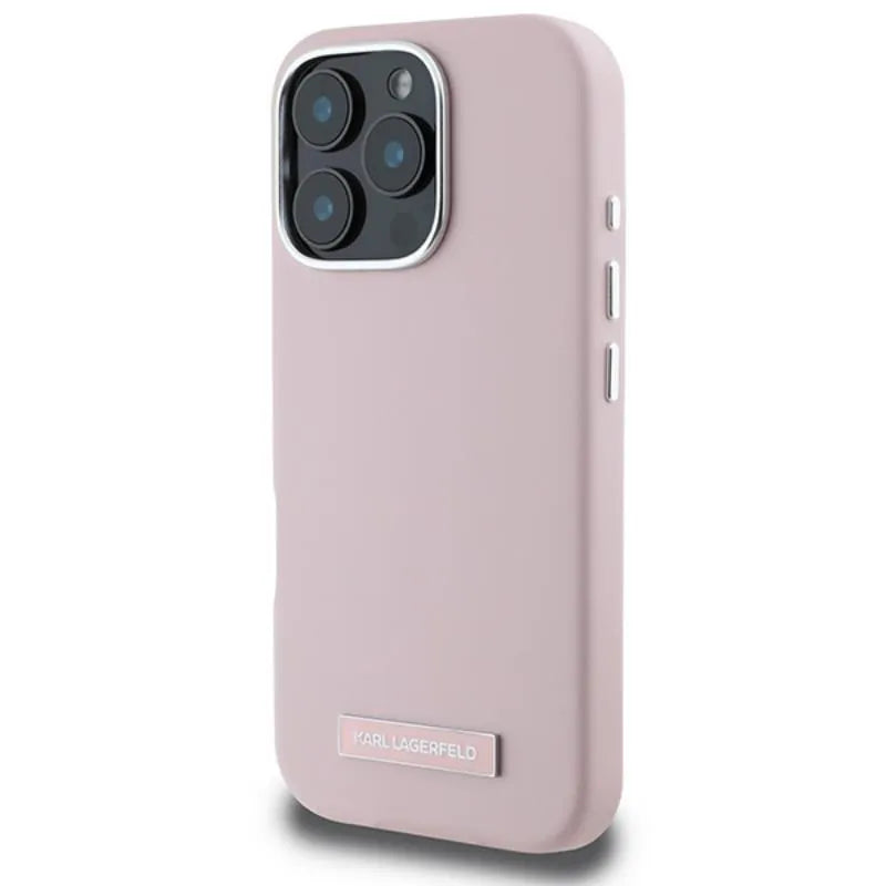 Karl Lagerfeld FW Metal Plate MagSafe – dėklas iPhone 16 Pro Max (rožinis)