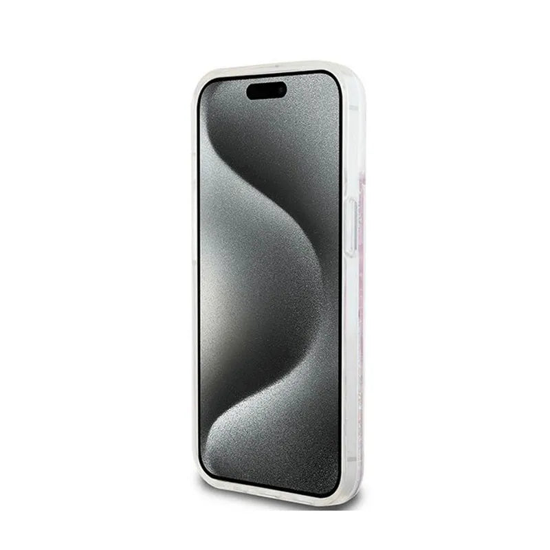 DKNY Liquid Glitter Multilogo – dėklas iPhone 15 / 14 / 13 (rožinis)