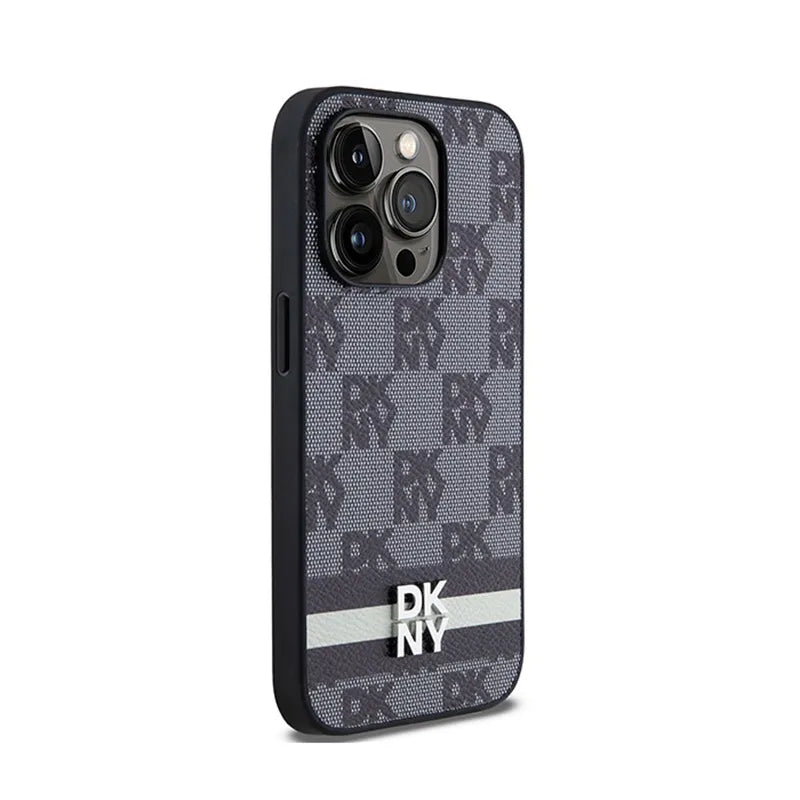 DKNY Leather Checkered Mono Pattern & Printed Stripes – dėklas iPhone 14 Pro (juodas)