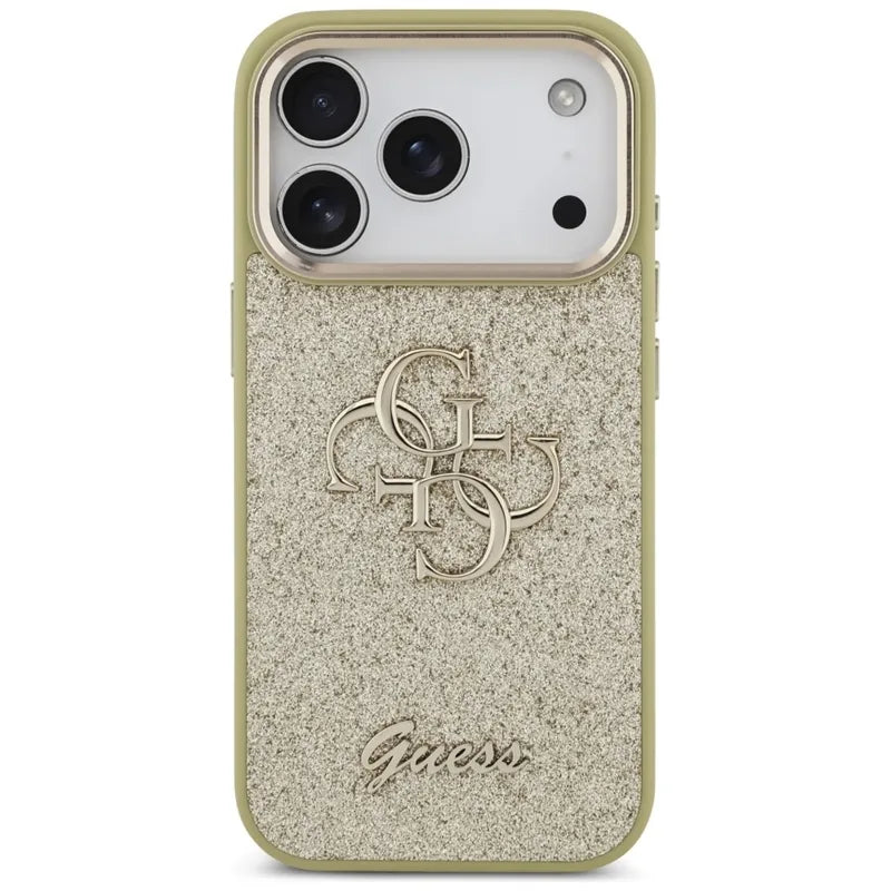 Guess Fixed Glitter Big 4G Metal Frame – Dėklas iPhone 17 Pro (auksinis)
