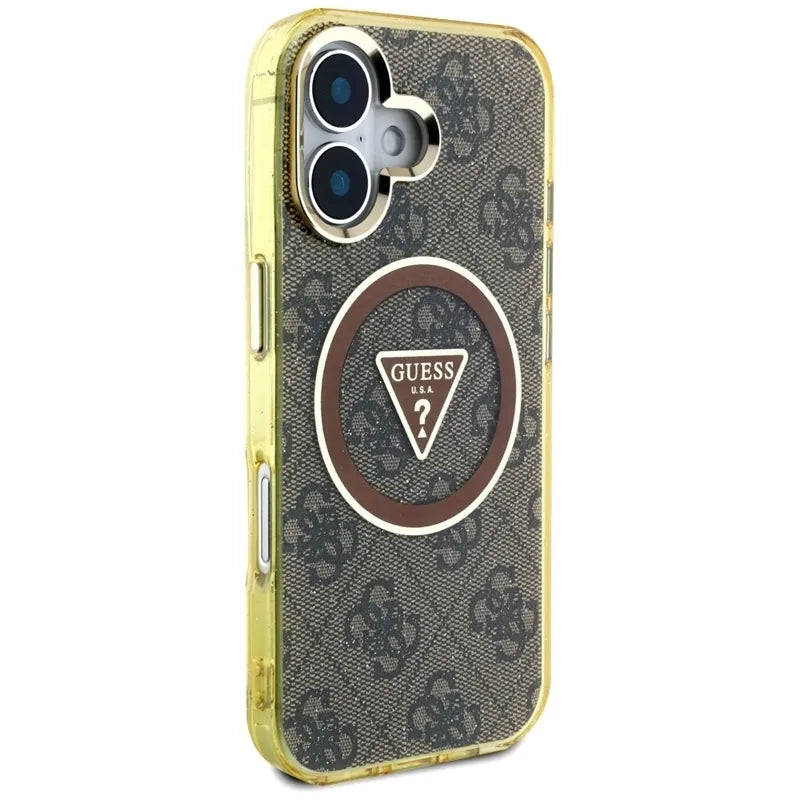 Guess IML Metal Glitter 4G Circle Triangle MagSafe – Dėklas iPhone 16 (rudas)