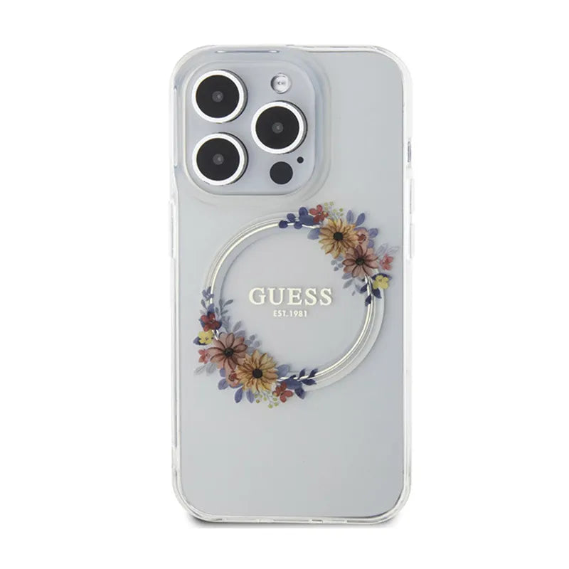 Guess IML Flowers Wreath MagSafe – dėklas iPhone 15 Pro (skaidrus)