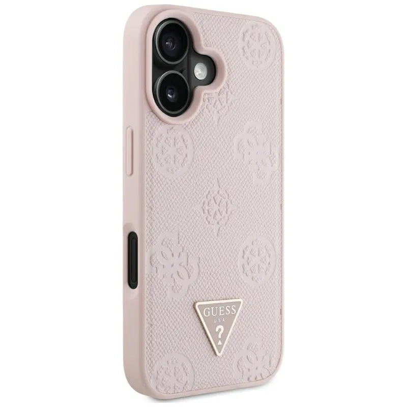 Guess Grained Hot Stamp Peony Triangle Logo MagSafe – dėklas iPhone 16 (rožinis)