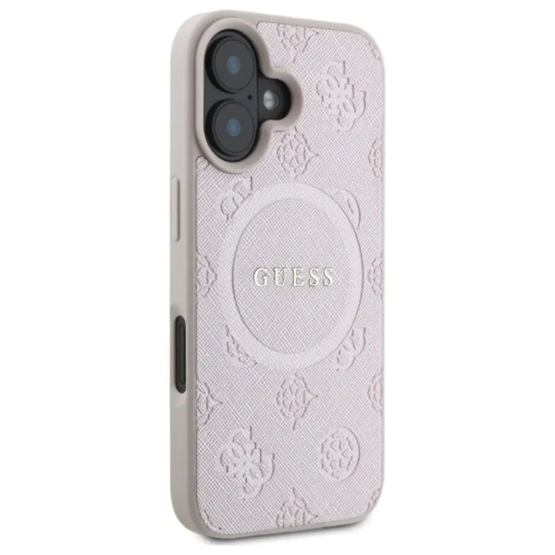Guess Saffiano Peony Classic Logo MagSafe – dėklas iPhone 16 (rožinis)