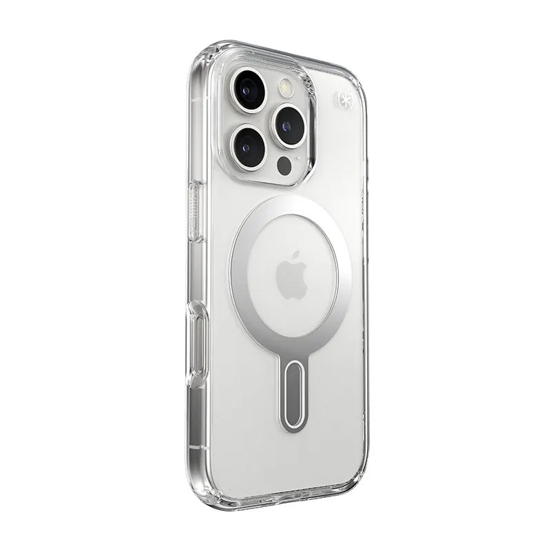 Speck Presidio Perfect-Clear ClickLock & MagSafe dėklas - iPhone 16 Pro (skaidrus / chromo apdaila / Serene Silver)