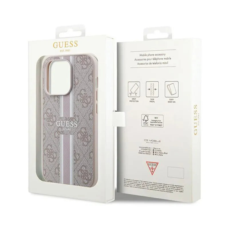 Guess 4G Printed Stripes MagSafe dėklas, skirtas iPhone 15 Pro (rožinis)
