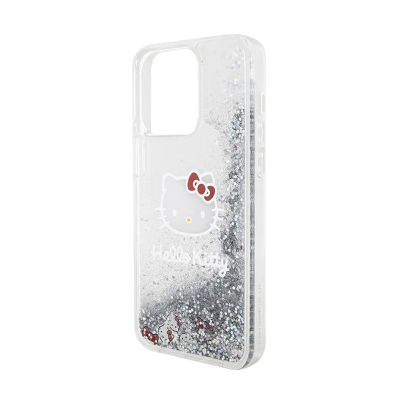 Hello Kitty Liquid Glitter Charms Kitty Head dėklas, skirtas iPhone 15 Pro Max (sidabrinis)
