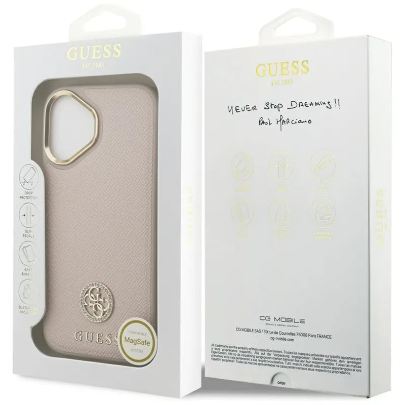 Guess Grained Strass Logo MagSafe – Dėklas iPhone 17 (rožinis)