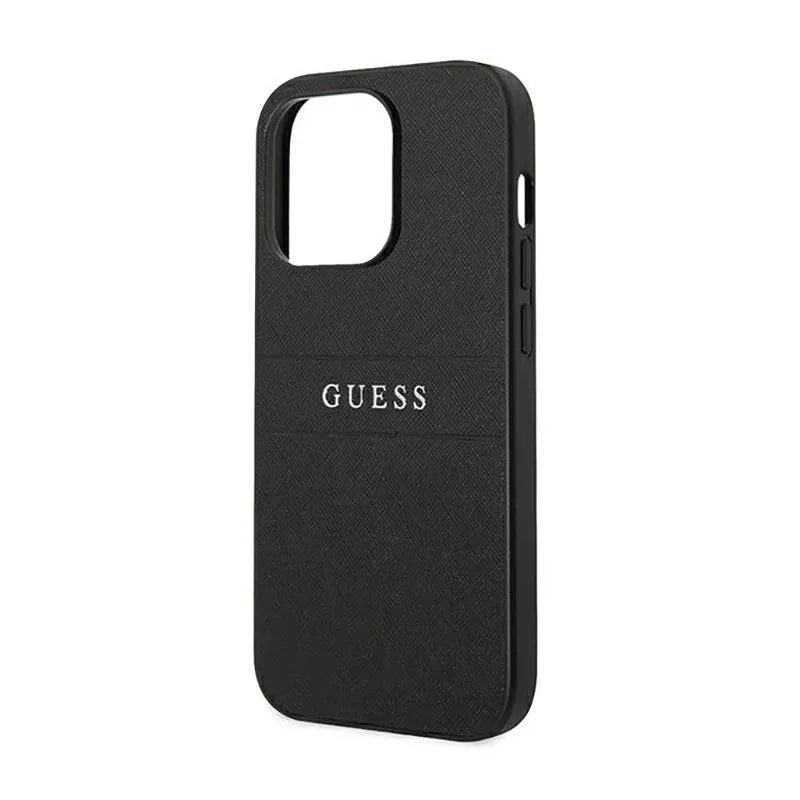 Guess Saffiano Metal Logo Stripes – dėklas iPhone 14 Pro (juodas)