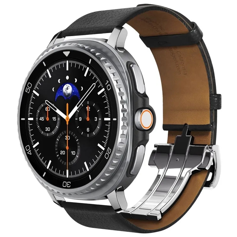 Spigen Enzo – natūralios odos dirželis Samsung Galaxy Watch 8 / 8 Classic 40 / 44 / 46 mm (juodas)