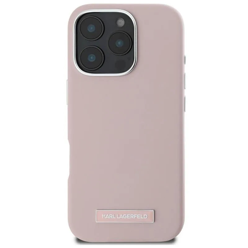 Karl Lagerfeld FW Metal Plate MagSafe – dėklas iPhone 16 Pro Max (rožinis)