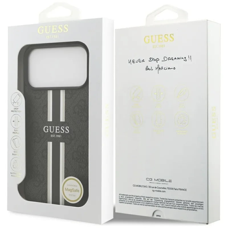 Guess 4G Printed Stripes MagSafe - Dėklas iPhone 17 Pro Max (juodas)