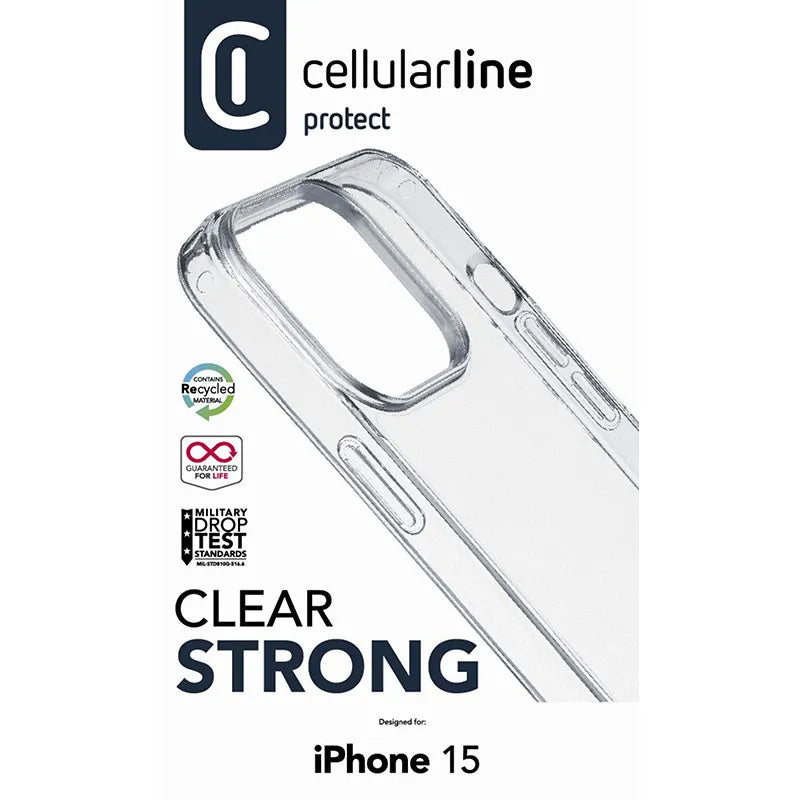 Cellularline Clear Strong – „iPhone 15“ dėklas su antimikrobine apsauga (skaidrus)