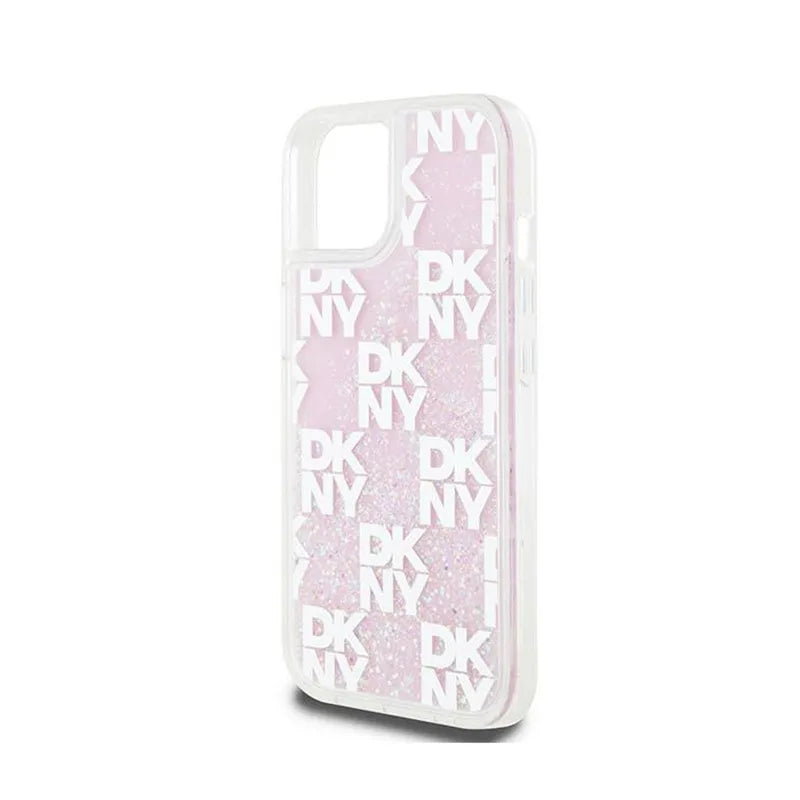DKNY Liquid Glitter Multilogo – dėklas iPhone 15 / 14 / 13 (rožinis)