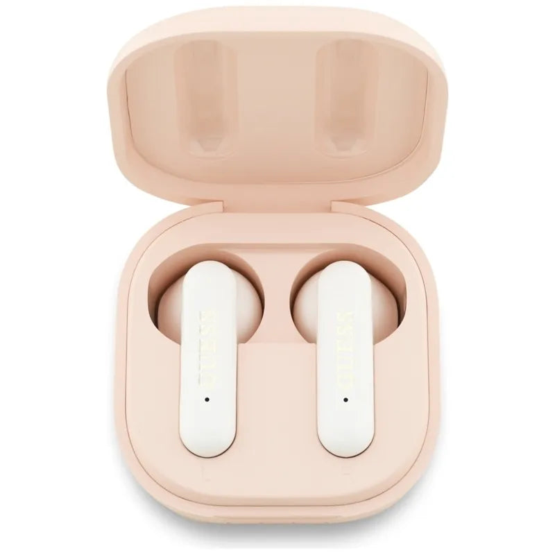 Guess 4G Metal Logo – TWS Bluetooth ausinės + įkrovimo dėklas (rožinės spalvos)