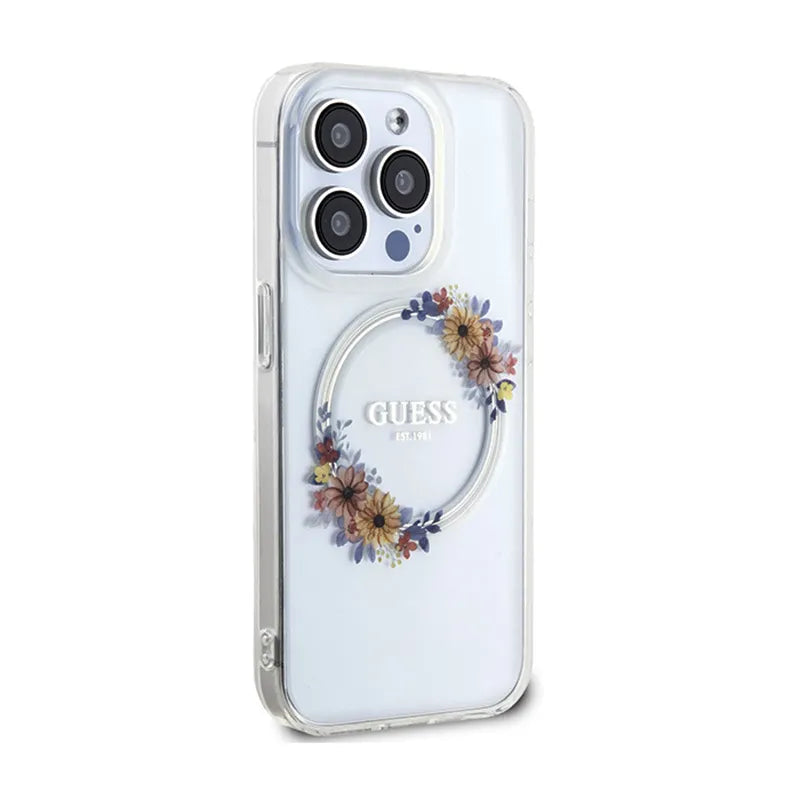 Guess IML Flowers Wreath MagSafe – dėklas iPhone 15 Pro (skaidrus)