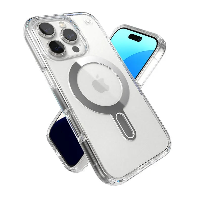Speck Presidio Perfect-Clear ClickLock & MagSafe dėklas - iPhone 16 Pro (skaidrus / chromo apdaila / Serene Silver)