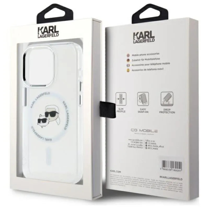Karl Lagerfeld IML Metal Karl & Choupette Head MagSafe – dėklas iPhone 15 Pro Max (Baltas)