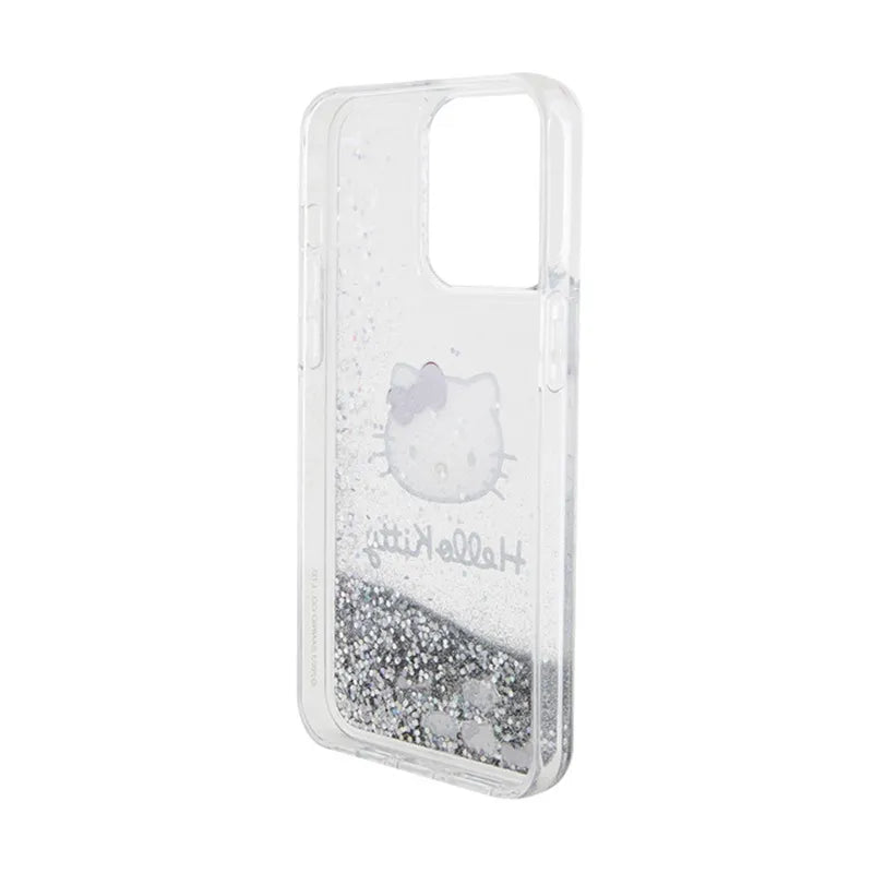 Hello Kitty Liquid Glitter Charms Kitty Head dėklas, skirtas iPhone 15 Pro Max (sidabrinis)