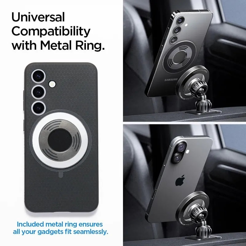 Spigen MFT13 magnetinis automobilinis laikiklis prietaisų skydeliui ir ventiliacijos grotelėms – magnetinis automobilinis laikiklis „MagSafe“ (sidabrinis)