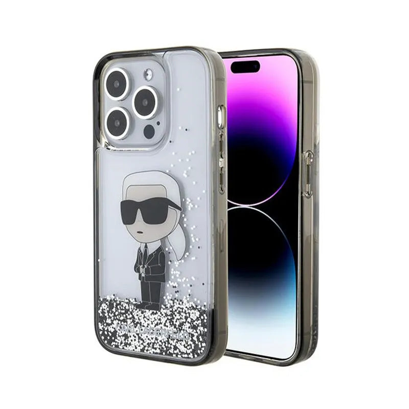 Karl Lagerfeld Liquid Glitter Ikonik – dėklas iPhone 15 Pro (skaidrus)