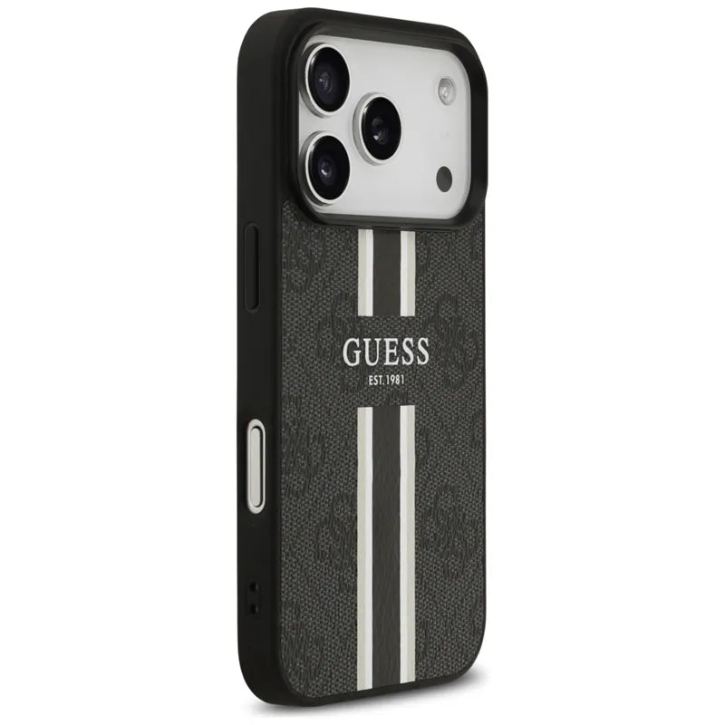 Guess 4G Printed Stripes MagSafe – dėklas iPhone 17 Pro (juodas)