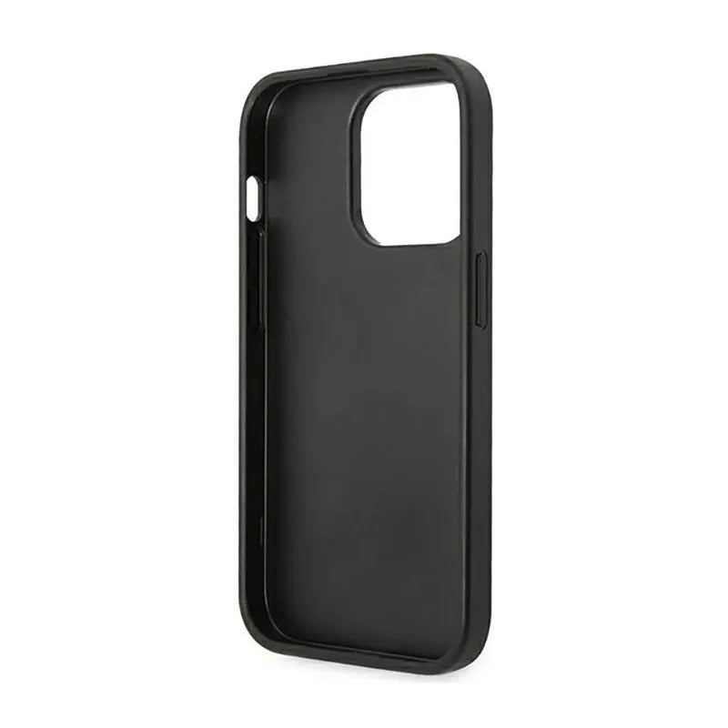 Guess Saffiano Metal Logo Stripes – dėklas iPhone 14 Pro (juodas)