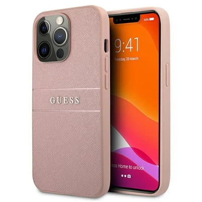 Guess Saffiano Metal Logo Stripes – dėklas iPhone 13 Pro Max telefonui (rožinis)