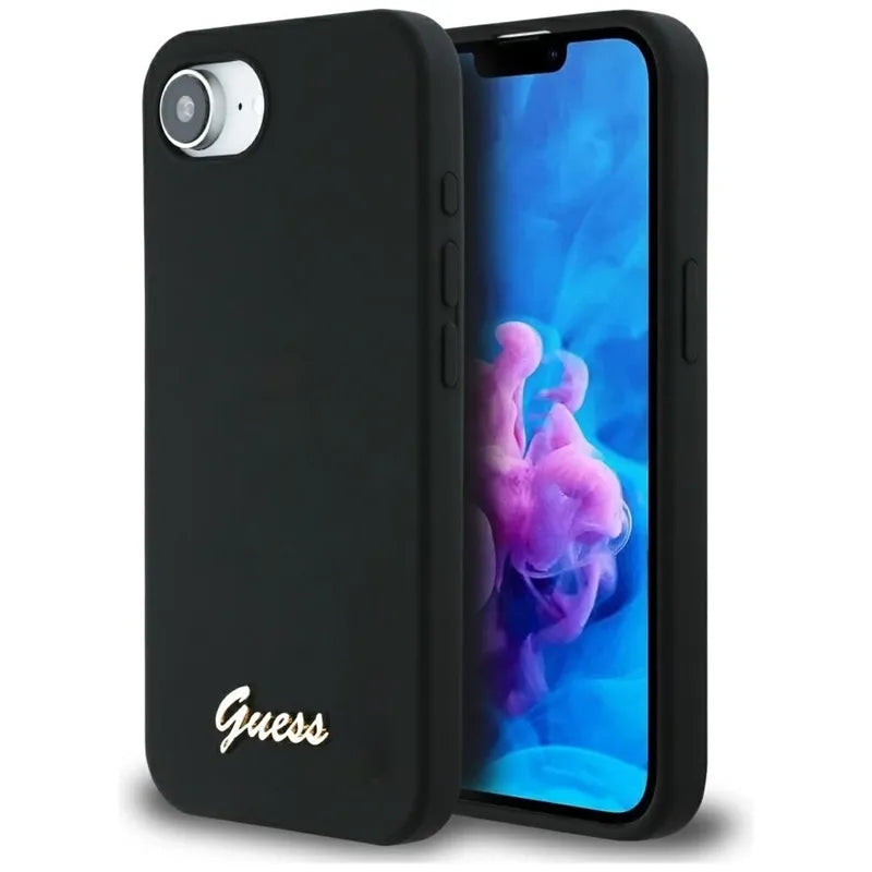 Guess Silicone Script Metal Logo MagSafe – Dėklas, skirtas iPhone 16e (juodas)