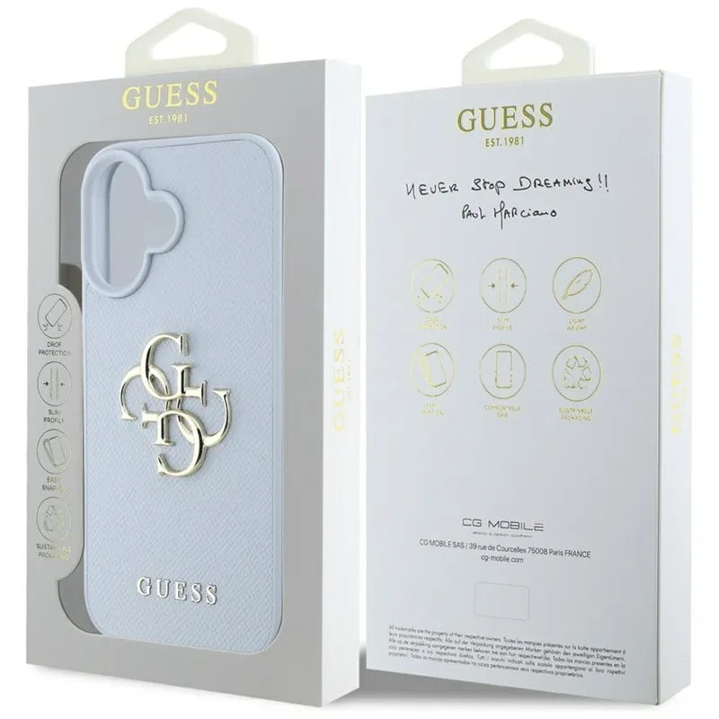 Guess Grained Big 4G Logo Small Classic Logo - dėklas iPhone 16 (mėlynas)