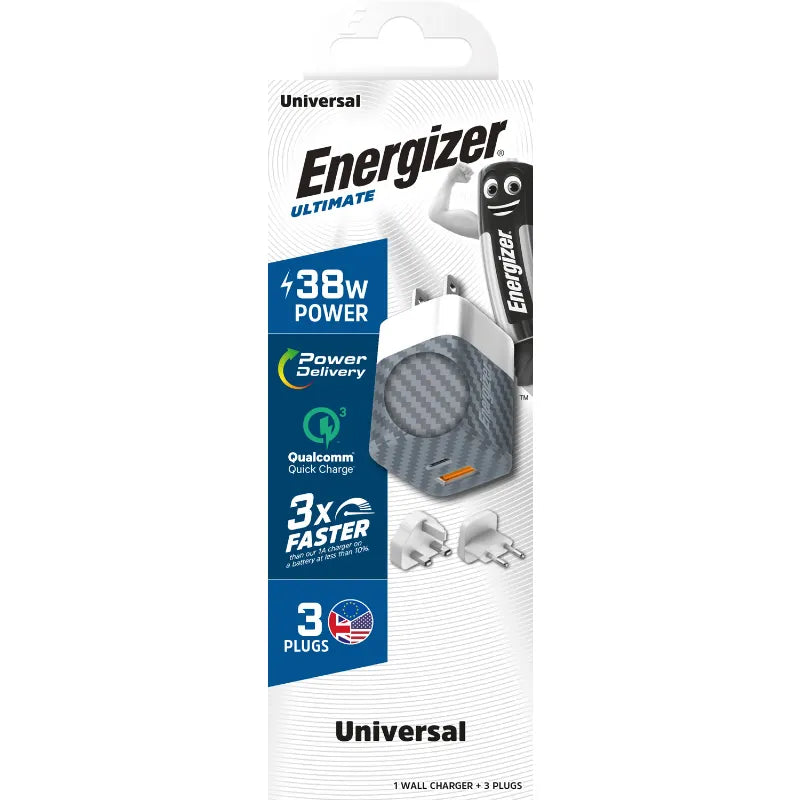 Energizer Ultimate – universalus tinklo įkroviklis GaN 38W PD + QC3.0 su ES / JK / JAV adapteriais (sidabrinis)
