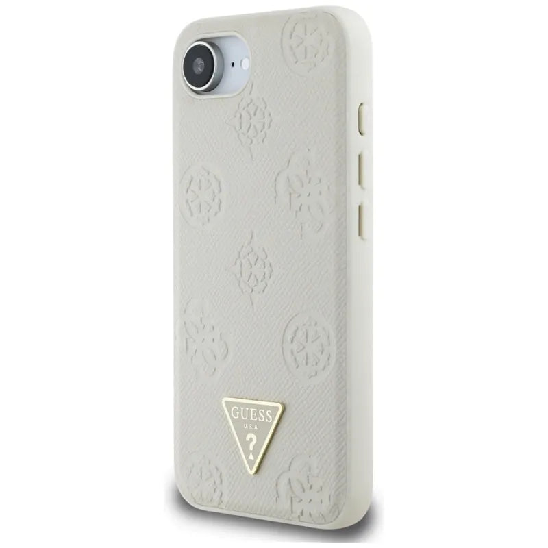 Guess Grained Hot Stamp Peony Triangle Logo MagSafe – dėklas iPhone 16e (smėlio spalvos)