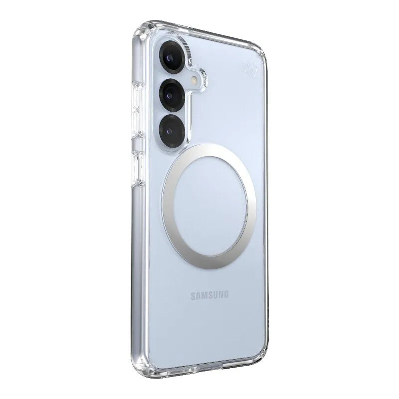 Speck Presidio Perfect-Clear Magnet – dėklas Samsung Galaxy S25 / S24 MagSafe (Skaidrus / Chromuotas paviršius / Serene Silver)