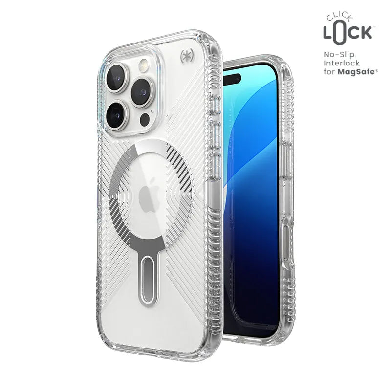 Speck Presidio Perfect-Clear Grip ClickLock & MagSafe – dėklas iPhone 16 Pro (skaidrus / chromuota apdaila / Serene Silver)