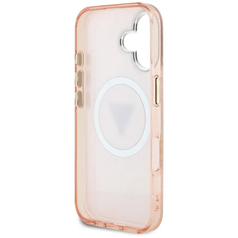 Guess IML Metal Glitter 4G Circle Triangle MagSafe – dėklas iPhone 16 (rožinis)