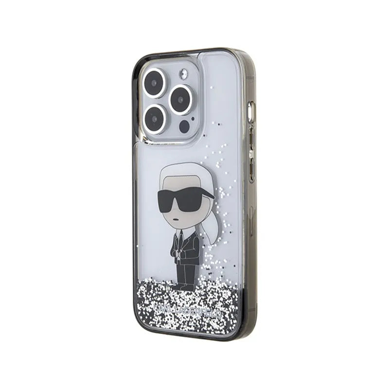 Karl Lagerfeld Liquid Glitter Ikonik – dėklas iPhone 15 Pro (skaidrus)
