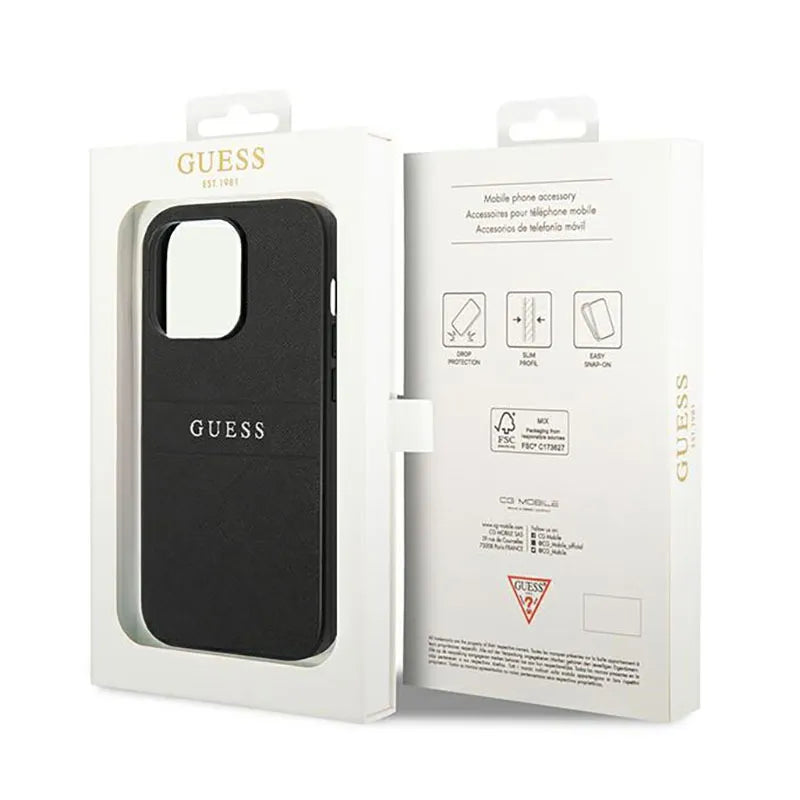 Guess Saffiano Metal Logo Stripes – dėklas iPhone 14 Pro (juodas)