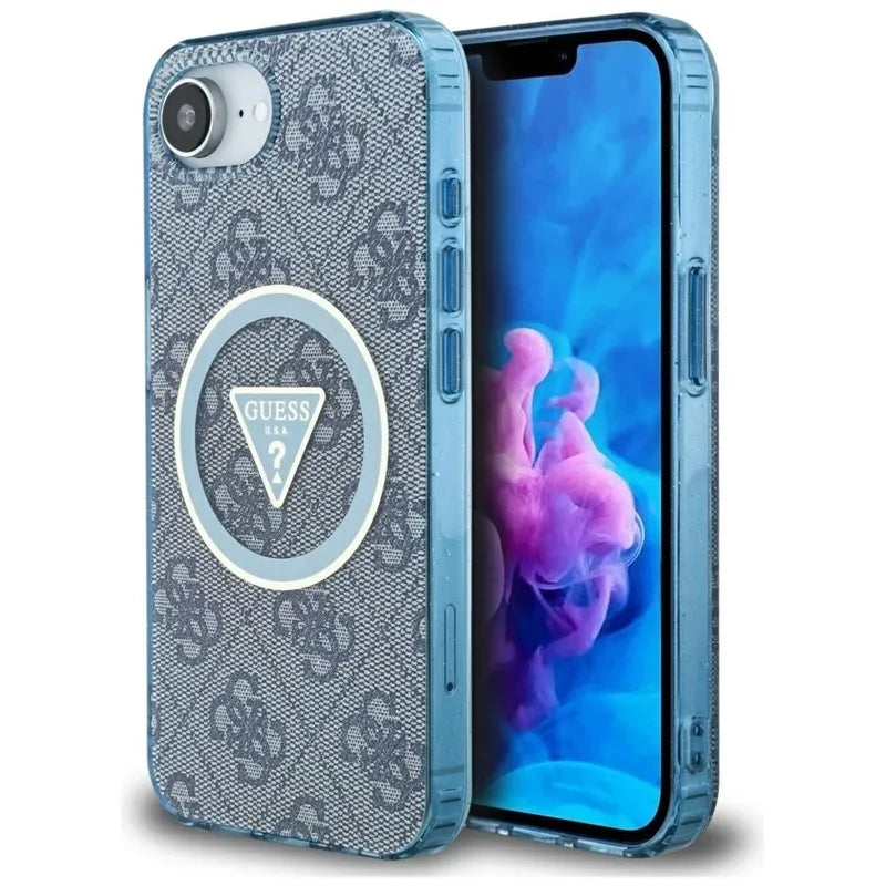 Guess IML Metal Glitter 4G Circle Triangle MagSafe – dėklas iPhone 16e (mėlynas)