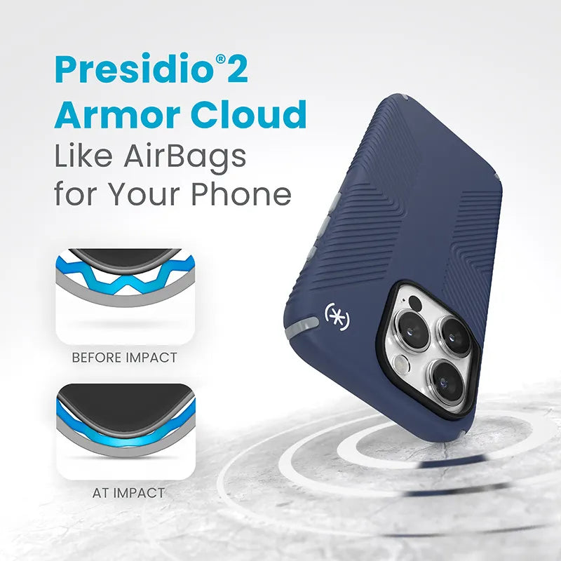 Speck Presidio2 Grip – dėklas iPhone 15 Pro (Coastal Blue / Dust Gray / White)