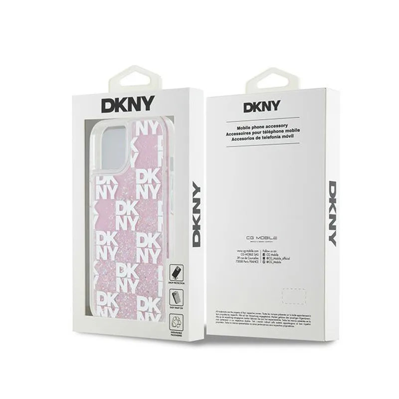 DKNY Liquid Glitter Multilogo – dėklas iPhone 15 / 14 / 13 (rožinis)