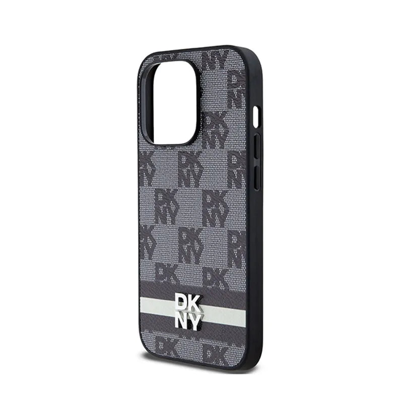 DKNY Leather Checkered Mono Pattern & Printed Stripes – dėklas iPhone 14 Pro (juodas)