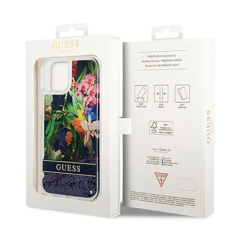 „Guess Liquid Glitter Flower“ – dėklas „iPhone 14 Plus“ telefonui (mėlynas)