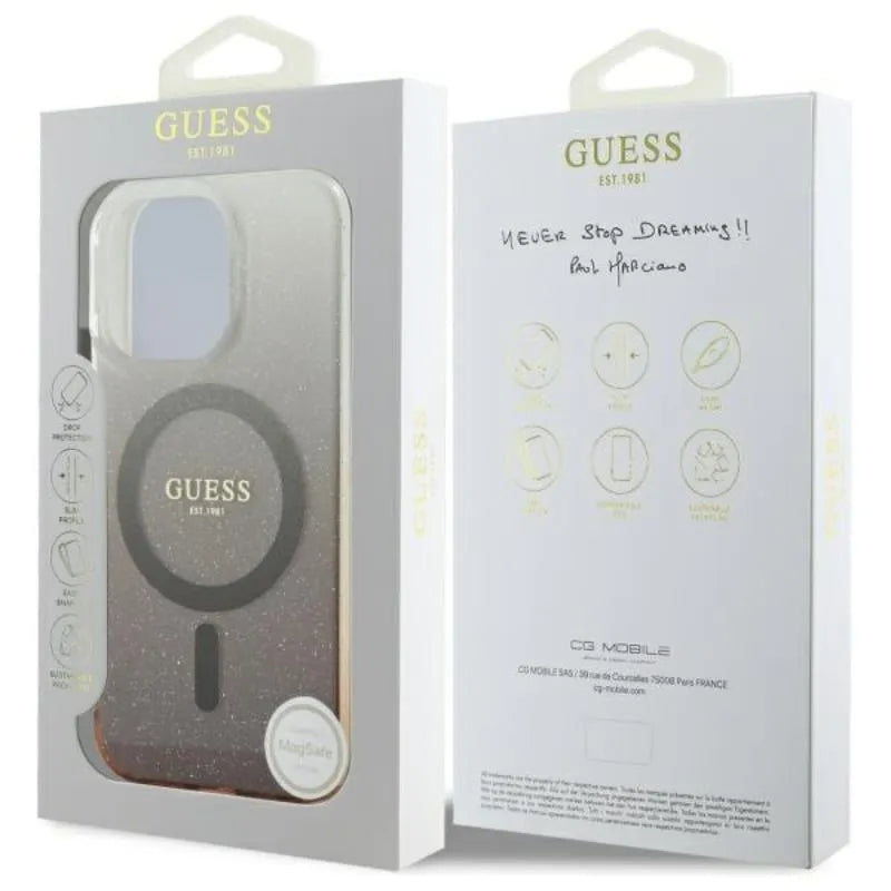 Guess IML Glitter Gradient MagSafe – dėklas iPhone 16 Pro (rudas)