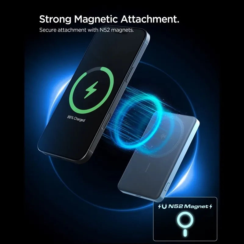 Spigen EA2205MQ Essential – Išorinis akumuliatorius MagSafe 5000 mAh 22,5W Qi2 (Melsvai žalia)