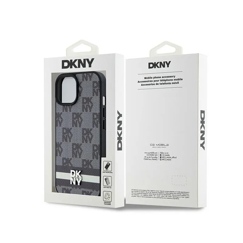 DKNY „Leather Checkered Mono Pattern & Printed Stripes“ – „iPhone 14 / 15 / 13“ dėklas (juodas)